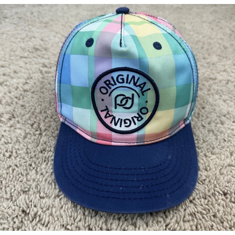 HM Kids Rainbow Plaid Snapback Hat Navy Blue Flat Brim Adjustable Cap 4-8Y